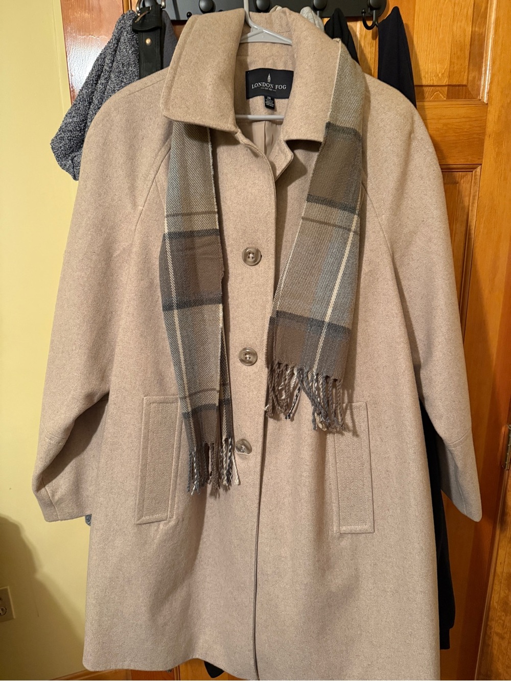London Fog Beige Wool-Blend Pea Coat with Plaid Scarf